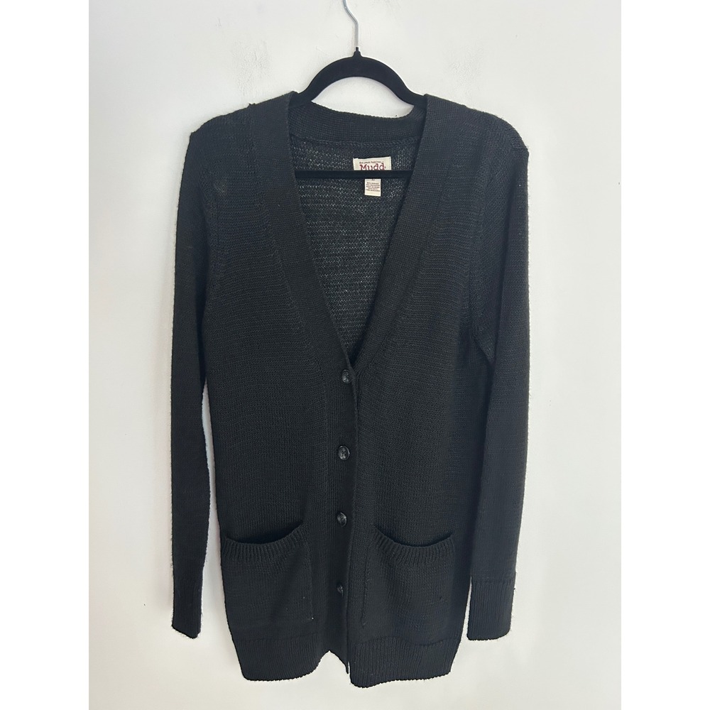 Mudd Womens Black Longline V-Neck Button Front Knit Cardigan Sweater Large